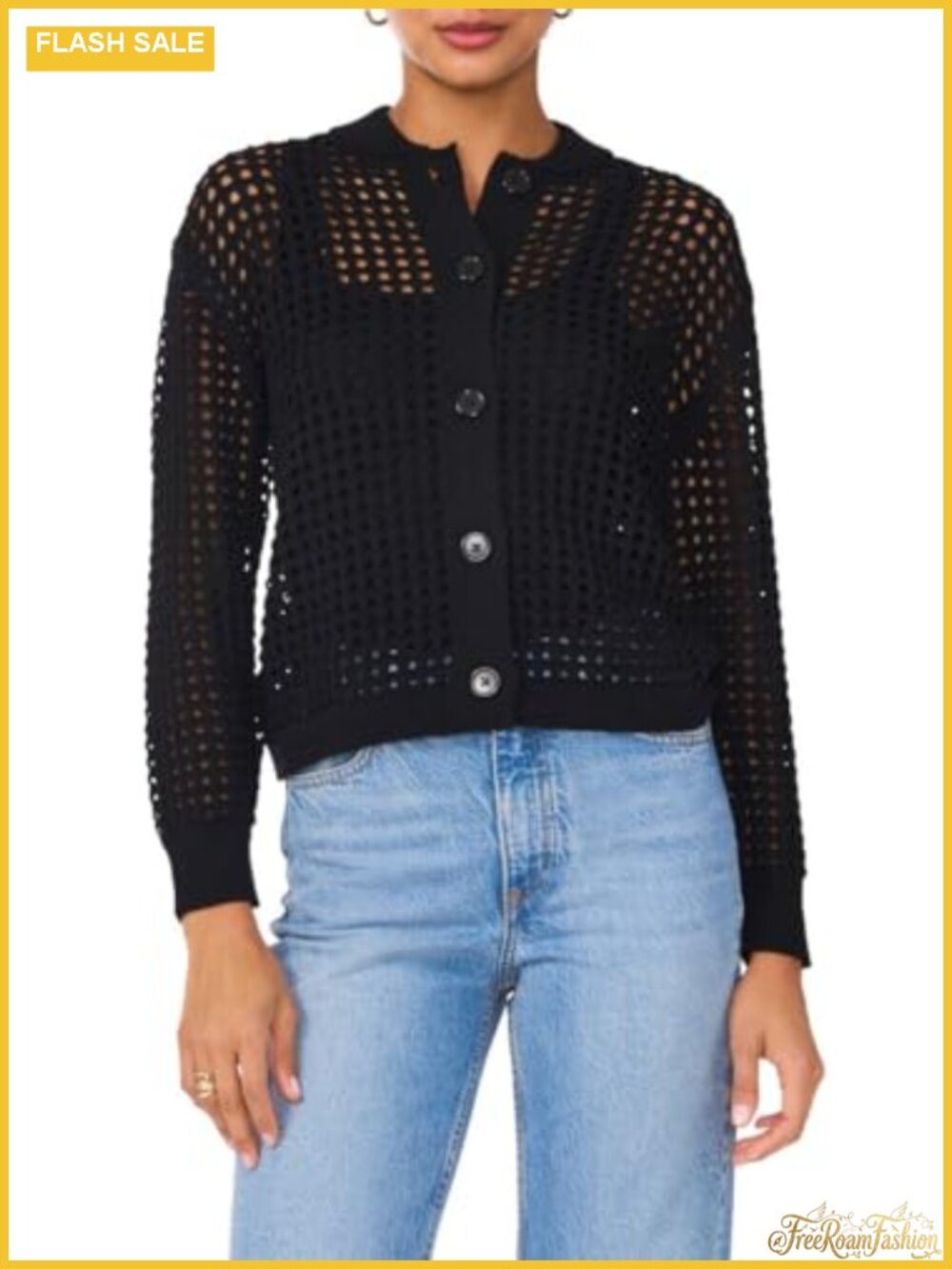 Crochet Cardigan Women Open Stitch Pointelle Knit Long Sleeve